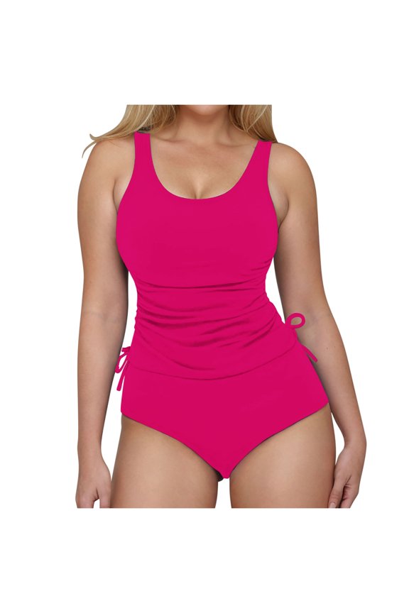 Women's Tankini Swimsuit Tummy Control Wide Strap Side Cinch Drawstring Two Piece Bathing Suit Hot Pink 2XL