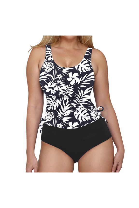 Women's Tankini Swimsuit Tummy Control Wide Strap Side Cinch Drawstring Two Piece Bathing Suit White 2XL