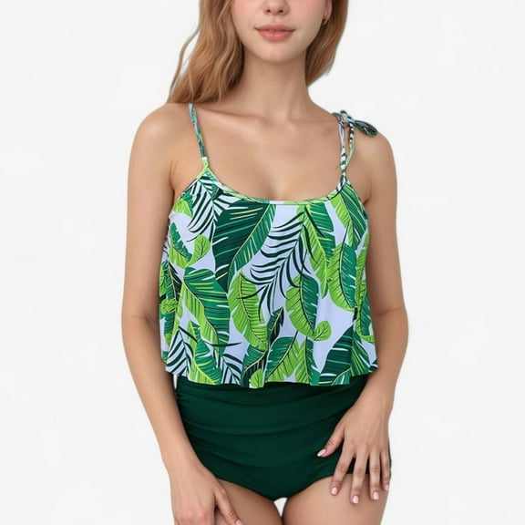 Women's Tankini Swimsuit with Loose Flowy Top and Tropical High Waist Bottom - Large, Green