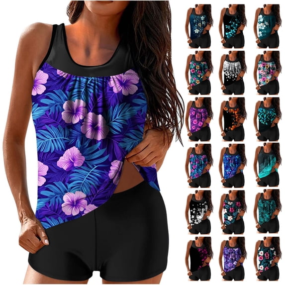 Women's Tankini Swimsuits Two Piece Summer Beach Athletic Bathing Suits Casual Slimming Modest Pleated Swim Tank Tops with Boy Shorts Multicolor Swimsuits,Size S-2XL