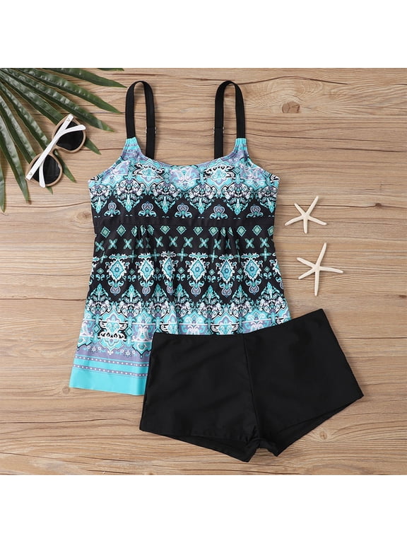 Women's Tankini Swimsuits Two Piece Tummy Control Bathing Suit Modest Swim Top with Shorts Plus Size Swimwear Cyan 2XL