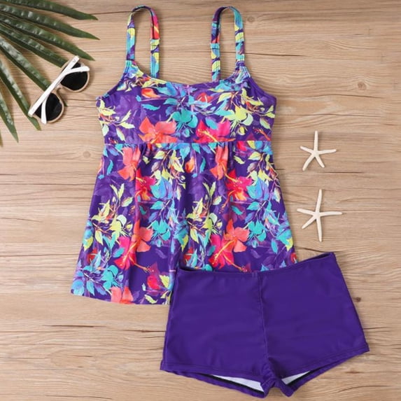 Women's Tankini Swimsuits Two Piece Tummy Control Bathing Suit Modest Swim Top with Shorts Plus Size Swimwear Purple M