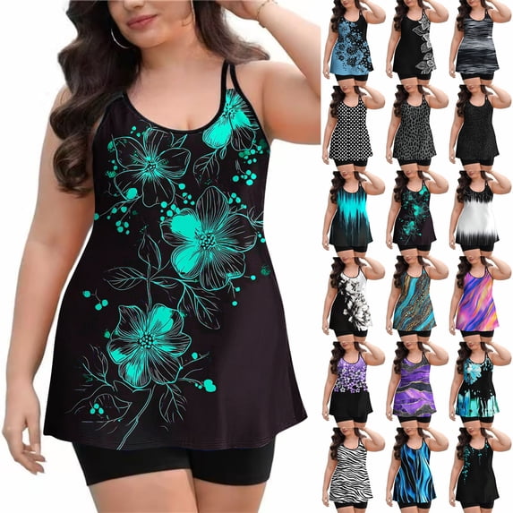 Women's Tankini Swimsuits Two Piece Tummy Control Bathing Suit Modest Swim Top with Shorts Plus Size Swimwear