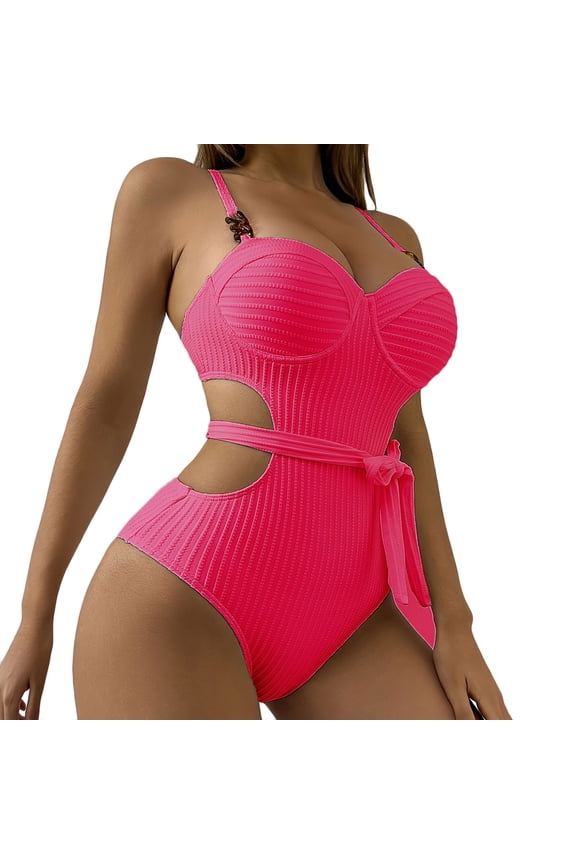 Women's Tankini Swimsuits Women Solid With Chest Pad Without Underwire Belt Bikini Swimsuit Hot Pink,S