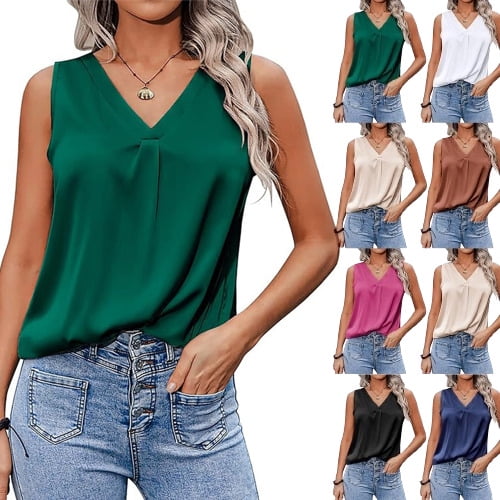 Women's Tanks & Camis 2025 Silk Satin V Neck Casual Sleeveless Summer Basic Camisole Rose Red, Army Green XL