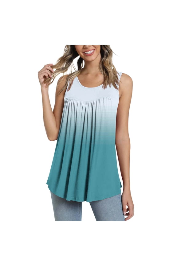 Women's Tanks and Camis New Women Casual Tank Tops Pleated Crewneck Gradient Graphic Print Blouses Sleeveless Loose Casual Basic Shirt Womens Crop Tank Light Blue L