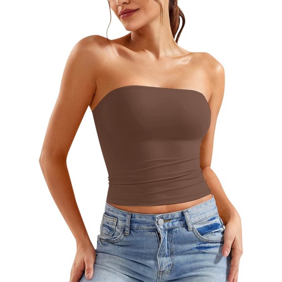 Women's Tanks Camis Cozy Womens Solid Color Crop Top Strapless Bandeau Tube Top Sleeveless Backless Tank Vest Coffee L