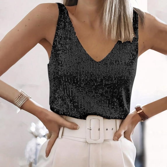Women's Tanks CamisSequin V-Neck Tank Top for Glittering Evening Wear with Straps Ends Black 3XL