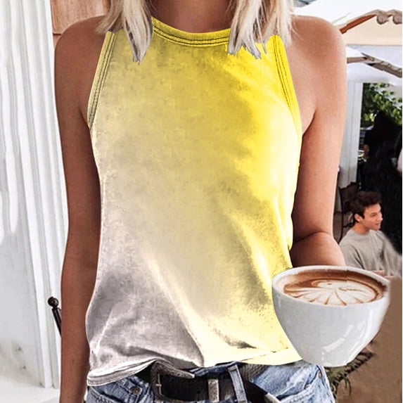 Women's Tennis Tanks Casual Loose Fit Sleeveless Print Tank Top for Summer Beachwear Crew Neck Vest Blank Basic Blouse Shirts for Women Yellow S