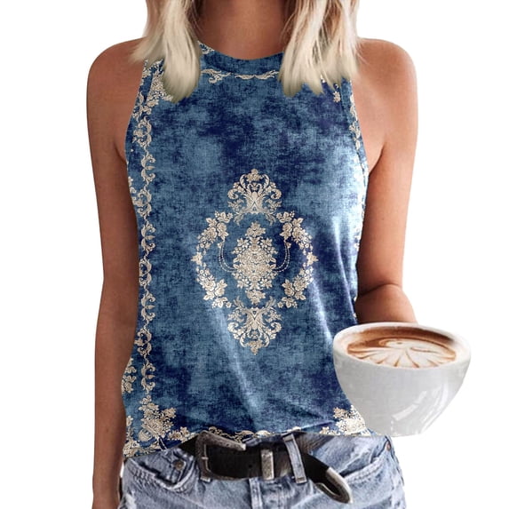 Women's Tennis Tanks Casual Sleeveless Print Tank Top for Women with Crewneck Loose Fit Beach Blouse Summer Basic Fashion Blue L
