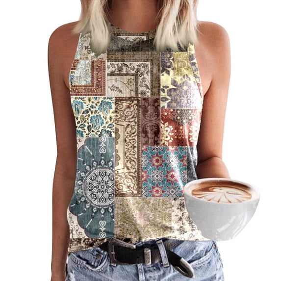 Women's Tanks Casual Sleeveless Print Tank Top for Women with Crewneck Loose Fit Beach Blouse Summer Basic Fashion Khaki S