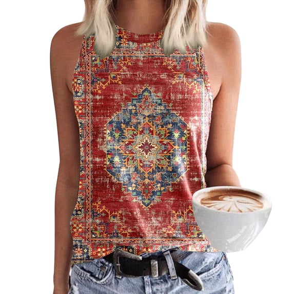 Women's Tennis Tanks Casual Sleeveless Print Tank Top for Women with Crewneck Loose Fit Beach Blouse Summer Basic Fashion Red L