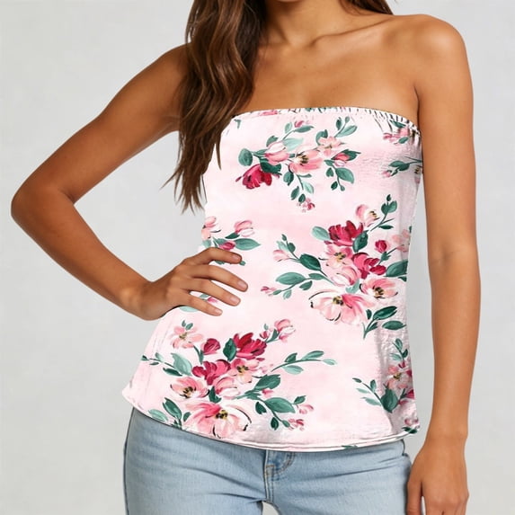 Women's Tennis Tanks Casual Summer Sleeveless Top for Women Printed Strapless Bandeau Tank Tops Lightweight Loose Holiday Blouse Pink S