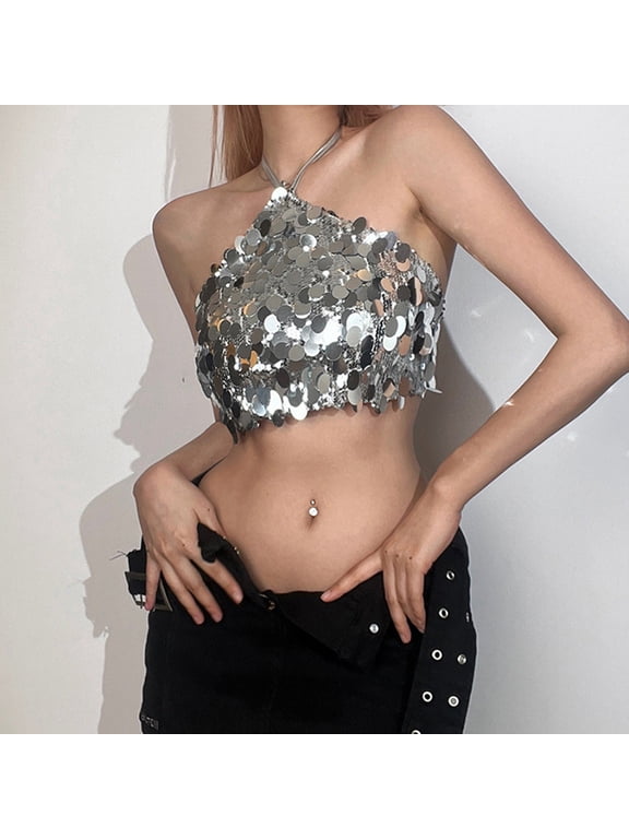 Womens Tanks & Fashionable Backless Sequin Crop Top for Party or Night Out