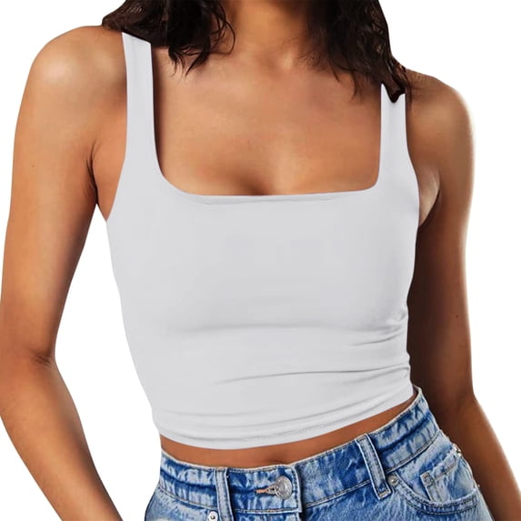 Women’s Tanks Fitness Strappy Layered O Neck Sleeveless Crop Top Womens Blouse for Casual Workout White M