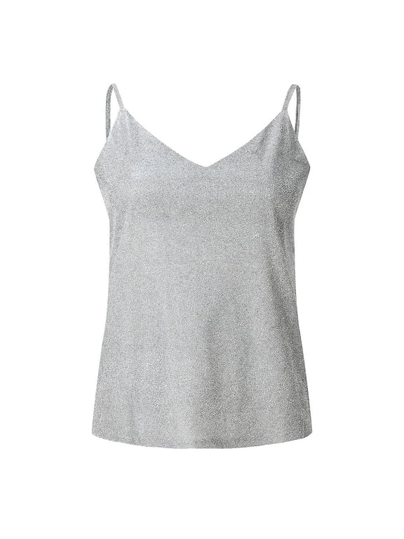 Women's Tennis Tanks Glitter Strappy Tank Top for Women Swing Vest Clubwear Threads Silver XXL