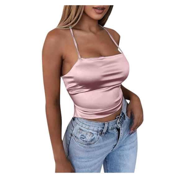Women's Tennis Tanks Lace Slim Crop Backless Club Top Imitated Up Fit Silk Blouse for Party Pink L