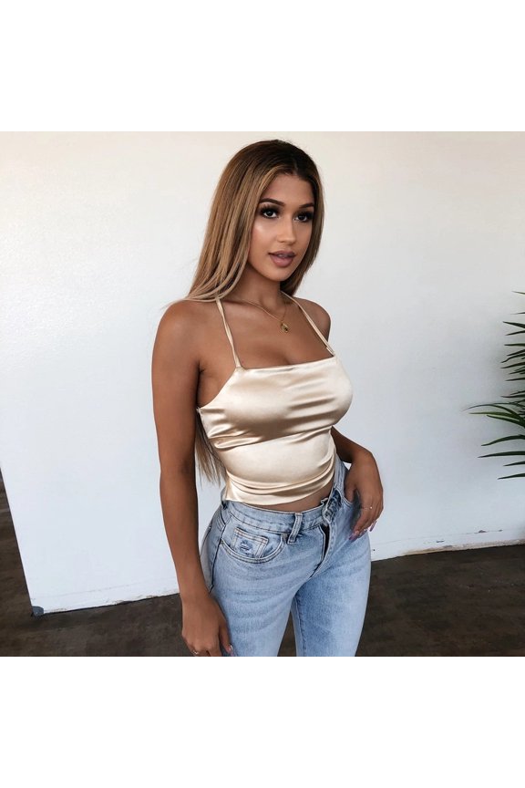Women's Tennis Tanks Lace Slim Crop Backless Club Top Imitated Up Fit Silk Blouse for Party Yellow XL