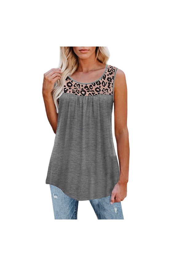 Women's Tanks Leopard Print Sleeveless Loose Ruffle Tank Blouse Tunic for Women Sleeveless Top for Everyday Wear Grey XXL