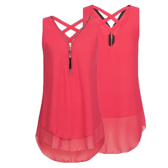 Women's Tanks Loose Sleeveless Back Layed Zipper V Neck T Shirts Tops for Everyday Comfort Red S
