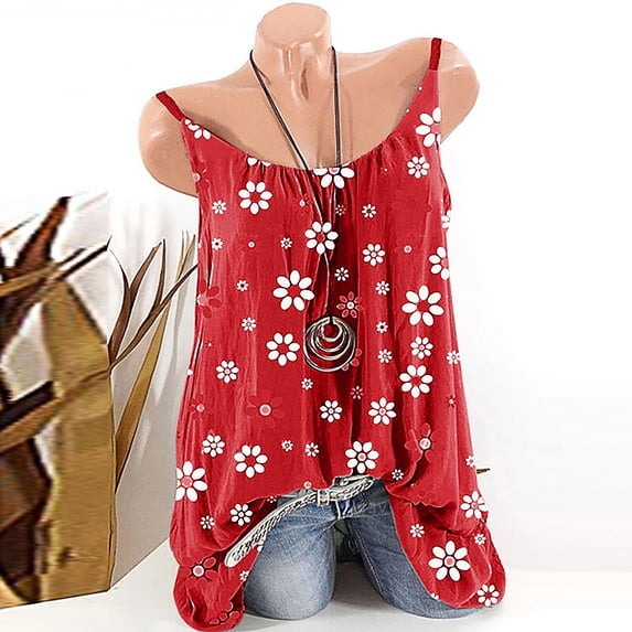 Women's Tanks O Neck Sleeveless Vest Flower Blouses Tops Printing Women’s Tee Camisole Blouse Red 5XL
