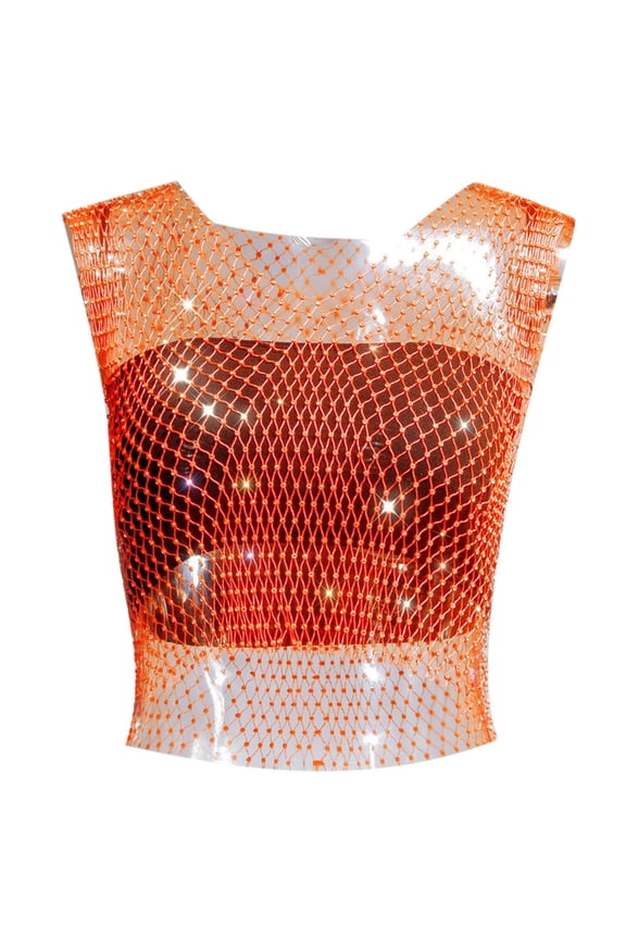 Women's Tanks Rhinestone Fishing Net Fashion Net Women's Short Sleeve Vest Orange S