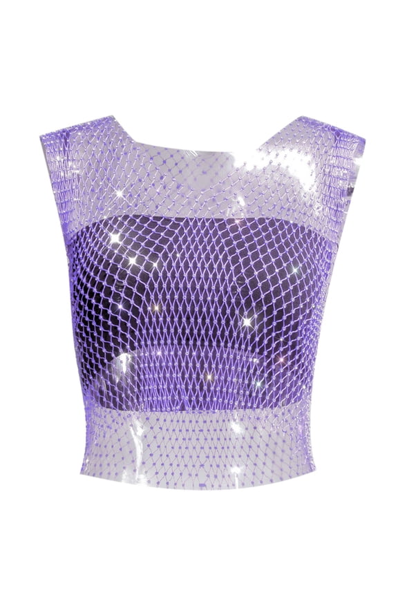Women's Tanks Rhinestone Fishing Net Fashion Net Women's Short Sleeve Vest Purple M