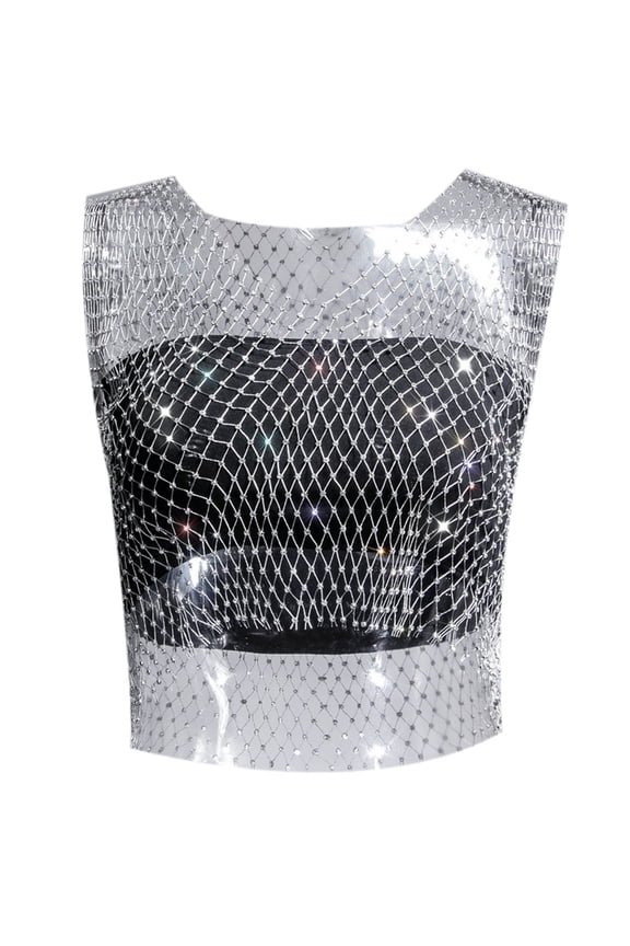 Women's Tanks Rhinestone Fishing Net Fashion Net Women's Short Sleeve Vest Silver L