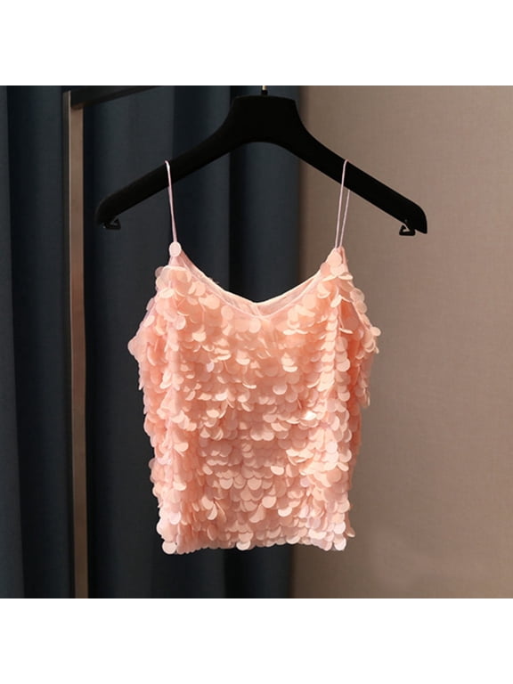 Women's Tanks Sleek V-Neck Sequined Tank Top with Fish Scale Shine for Women Pink One Size