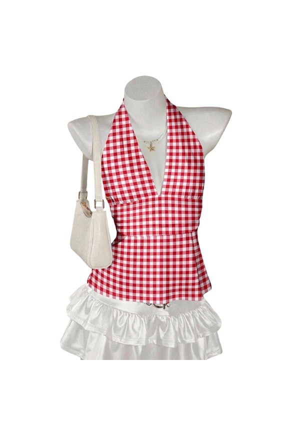 Women's Tanks Sleeveless Wrap Neck Tie Back Ruffle Crop Top Slim Fit Summer Camisole for Outings and Dates Red S