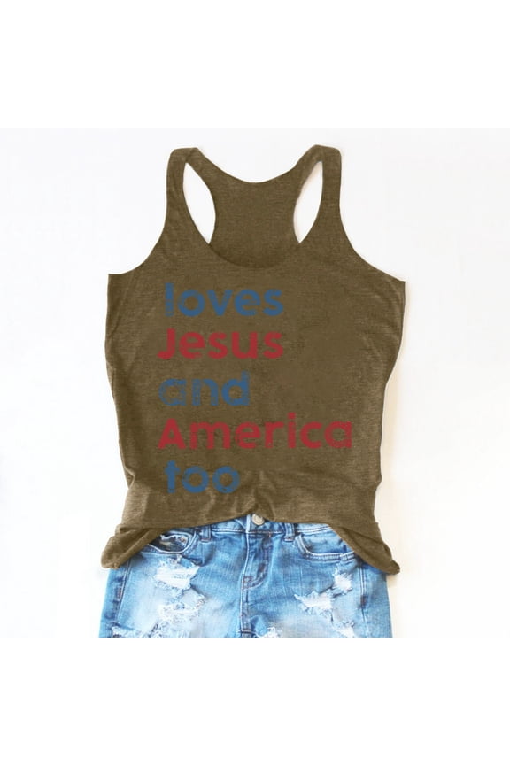 Women's Tennis Tanks Summer Sleeveless Round Neck Top with USA Letter Print for Women Lightweight Casual Tank Army Green S