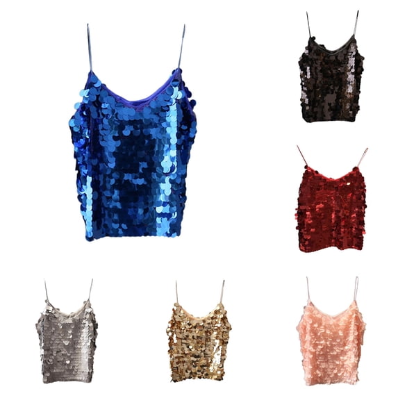 Women's Tanks V Neck Fish Scale Sequined Tank Top Shiny Spaghetti Strap Vest For Women Blue One Size
