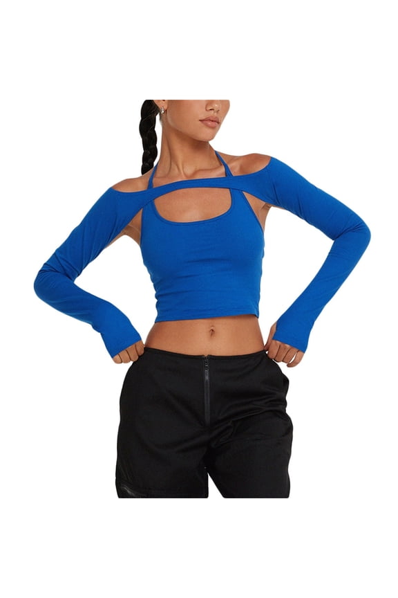 Women's Tanks Vest Two Piece Fashion Off The Shoulder Suspender Jacket Modern Layered Style for Versatile Wardrobe 2PCS Blue S