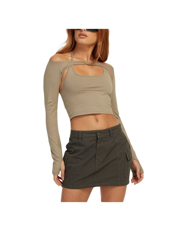 Women's Tanks Vest Two Piece Fashion Off The Shoulder Suspender Jacket Modern Layered Style for Versatile Wardrobe 2PCS Khaki L