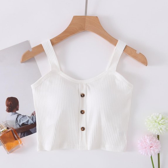 Women's Tanks Women'S Solid Color Tank Top With Chest Cushion And Camisole Worn Outside Sexy Exposed Navel Cup No Ring Tank Top,White Women's Tanks & Camis L