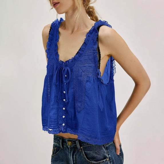 Women's Tanks Women Sleeveless Lace Tank Tops Vacation Front Tie Mesh Chiffon Tops,Blue Women's Tanks & Camis M