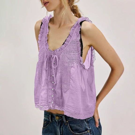 Women's Tanks Women Sleeveless Lace Tank Tops Vacation Front Tie Mesh Chiffon Tops,Purple Women's Tanks & Camis S