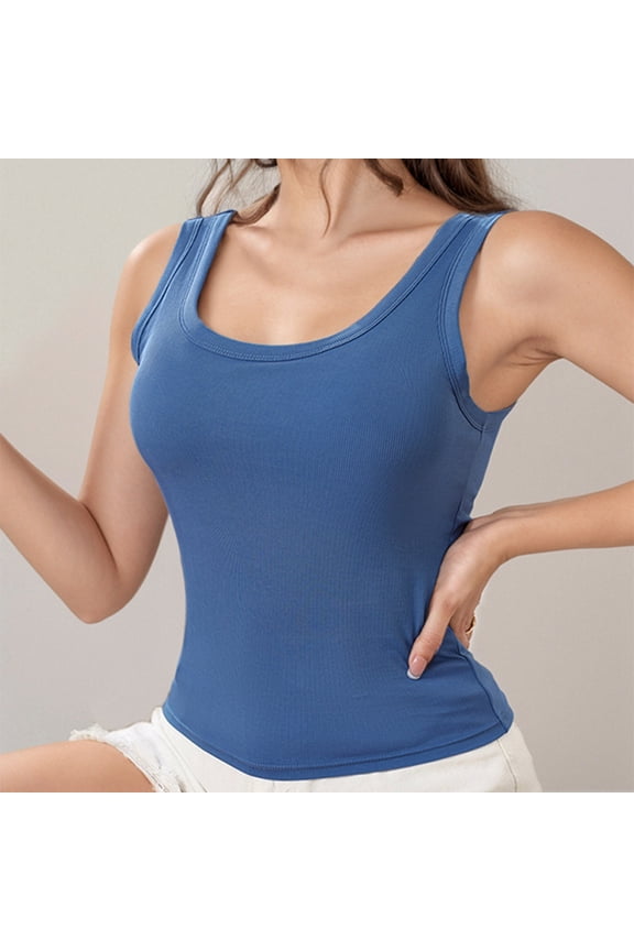 Women's Tanks Women's Plus Size Solid Ribbed U Neck Tank Top With Built In Pads For Summer Blue XL