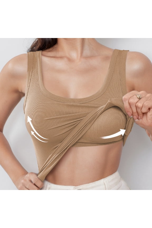 Women's Tanks Women's Plus Size Solid Ribbed U Neck Tank Top With Built In Pads For Summer Khaki S