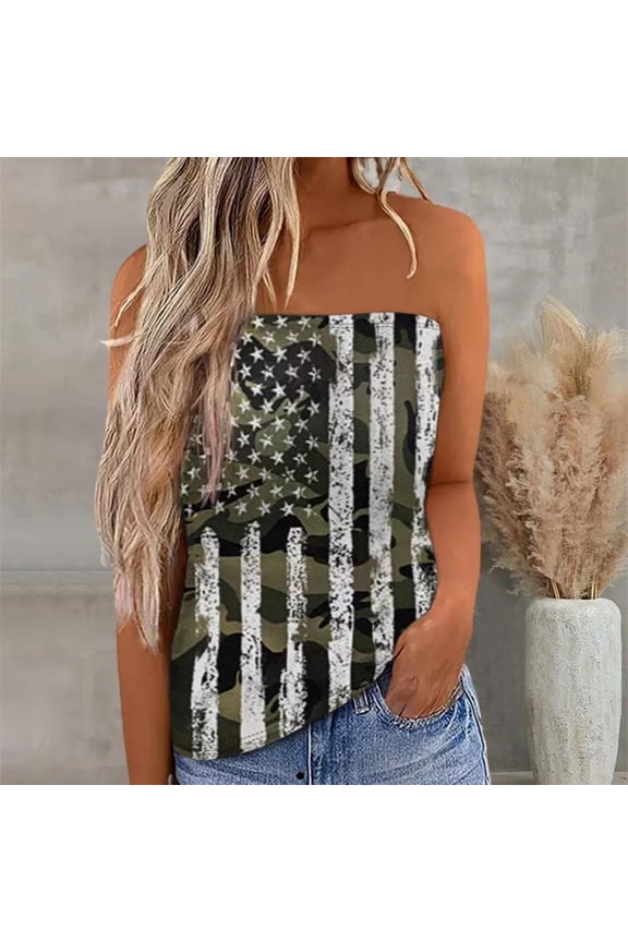 Women's Tanks Women's Stripe Print Strapless Bandeau Tank Casual Loose Top Cami Tops for Women Green S