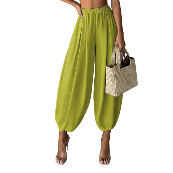 Women's Taper Wide Leg Pants Casual Loose Elastic Waisted Beach Palazzo Cropped Pants Matcha Green XXL