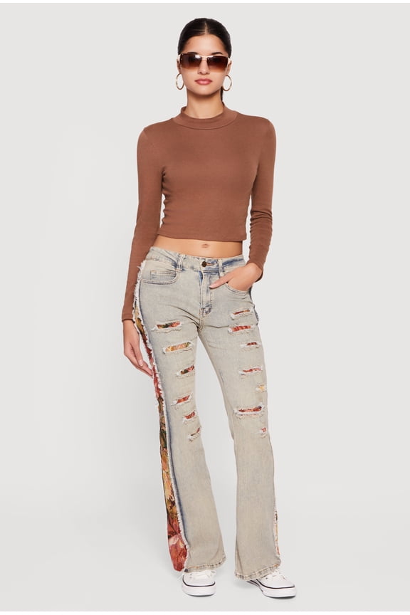 Women's Tapestry Jacquard Patchwork Distressed Flare Jeans