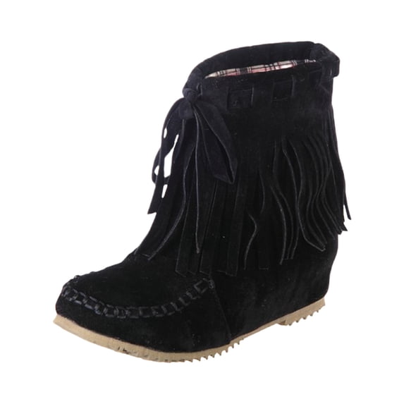 Women's Tassel Ankle Round Toe Hidden Weđť–˝ge Heel Boot Retro Western Cowboys Booties Dress Short Boot Pull-on Wide Calf Booties Fall Winter Outdoor Walking Shoes