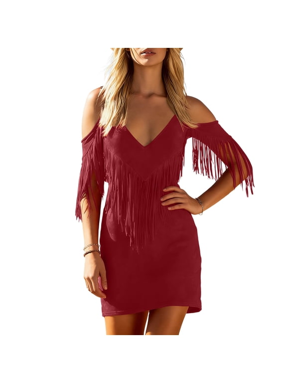 Women's Tassel Dress V Neck Spaghetti Strap Cold Shoulder Faux Leather Dresses Vintage Trendy Outfits (S, Red)