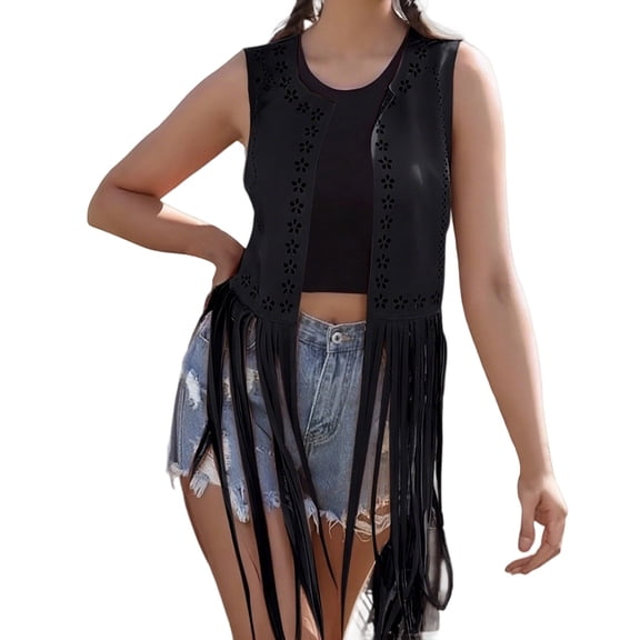 Women's Tassel Fringe Vest Sleeveless 70s Hippie Trim Western Cowgirl Jacket Open Front Country Concert Cardigan