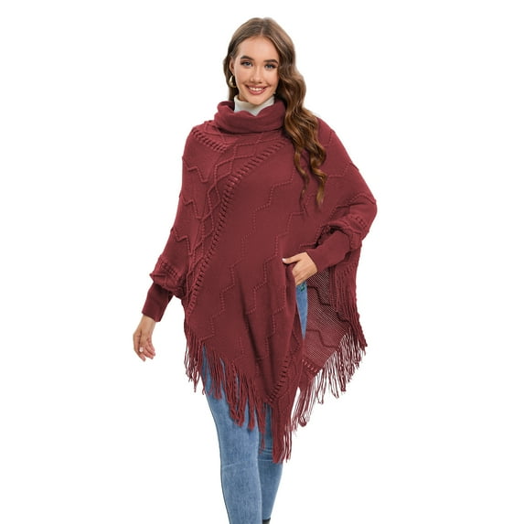 Women's Tassel Fringed Pullover Sweater, Elegant Knitted Cape Pullover Turtleneck Poncho Autumn Batwing Sleeve Shawl