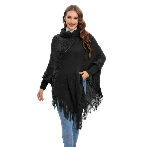 Women's Tassel Fringed Pullover Sweater, Elegant Knitted Cape Pullover Turtleneck Poncho Autumn Batwing Sleeve Shawl