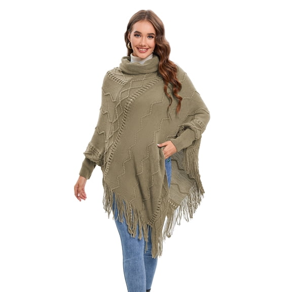 Women's Tassel Fringed Pullover Sweater, Elegant Knitted Cape Pullover Turtleneck Poncho Autumn Batwing Sleeve Shawl