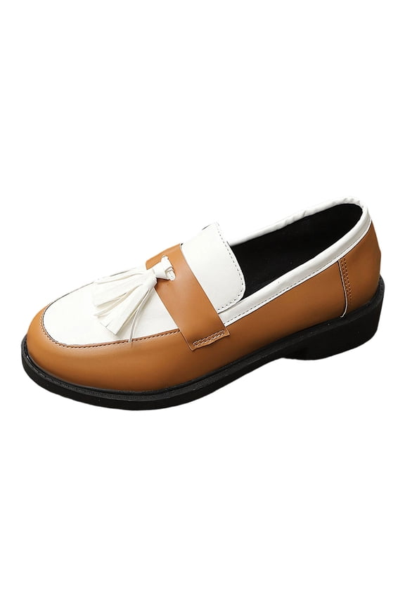 Women's Tassel Platform Loafers Faux Leather Comfortable Wide Toe Box Slip on Low Block Heel Non Slip Business Dressy Shoes Brown Size 6.5