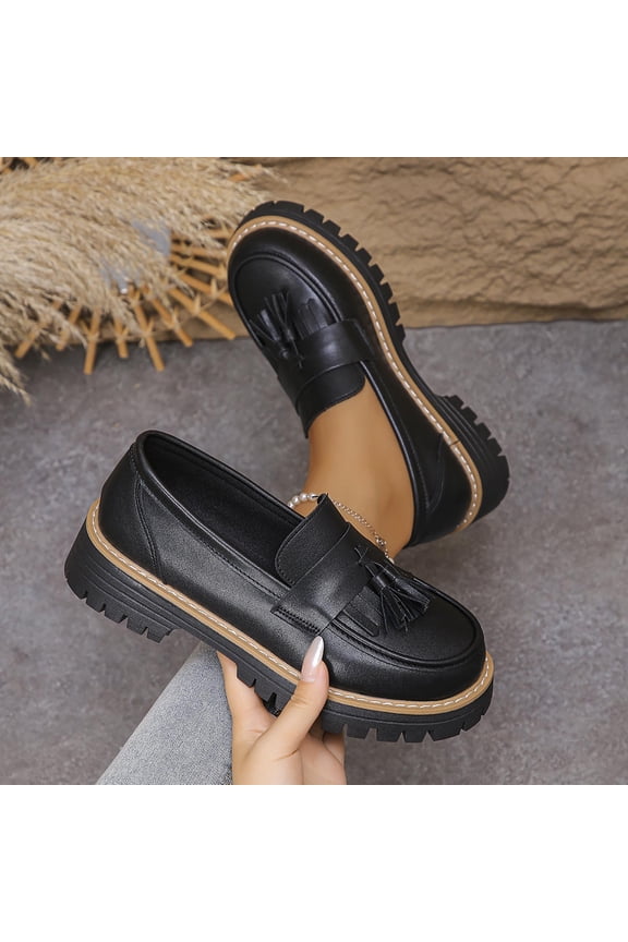 Women's Tassel Platform Loafers, Plus Size Comfortable British Style Chunky Heel Casual Shoes